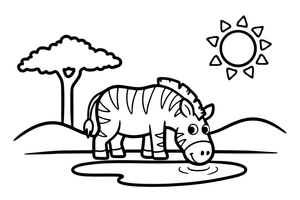 Zebras geria iš girdyklos – šuoliuojančio zebro spalvinimo paveiksliukas