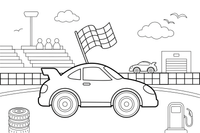 Lenktyninis automobilis su plevėsuojančia languota vėliava – sportinių automobilių spalvinimo paveiksliukas