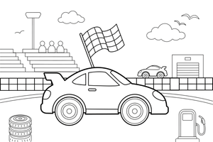 Lenktyninis automobilis su plevėsuojančia languota vėliava – sportinių automobilių spalvinimo paveiksliukas