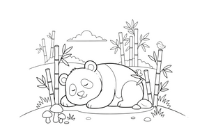 Panda miega susirietusi – žaismingos pandos spalvinimo paveiksliukas