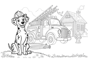 A Dalmatian sitting next to a fire truck – Dalmatian coloring page