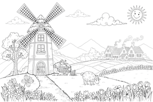 A tall windmill with a little door and windows – Windmill coloring page