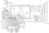 A child raising their hand at a desk – School coloring page