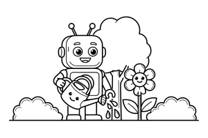 Robotas laisto gėlę – judraus roboto spalvinimo paveiksliukas