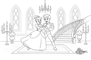 Cinderella and the prince smiling together happily – Charming Cinderella Story coloring page