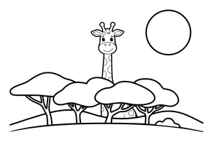 Žirafa žvilgčioja per medžių viršūnes – žirafų pasaulio spalvinimo paveiksliukas