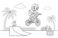 BMX dviratininkas atlieka šuolį nuo rampos – įvairaus sporto spalvinimo paveiksliukas