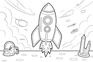 Raketos liepsnos – raketos nuotykių spalvinimo paveiksliukas