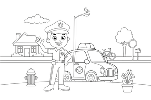 Policininkas šalia policijos automobilio – įvairių profesijų spalvinimo paveiksliukas