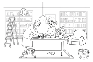 Bibliotekininkas prie stalo antspauduoja knygą – jaukios bibliotekos spalvinimo paveiksliukas