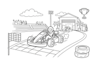 Kartingas zuja trasa – sportinių automobilių spalvinimo paveiksliukas