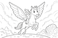 Fėja joja ant Pegaso – stebuklingo Pegaso skrydžio spalvinimo paveiksliukas