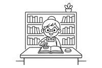 Bibliotekininkas prie stalo antspauduoja knygą – jaukios bibliotekos spalvinimo paveiksliukas