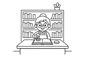 Bibliotekininkas prie stalo antspauduoja knygą – jaukios bibliotekos spalvinimo paveiksliukas