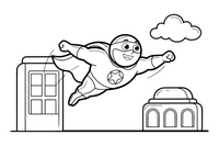 Superherojus skrenda virš miesto – superherojaus spalvinimo paveiksliukas