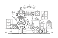 Draugiškas robotas mojuoja pasisveikindamas – judraus roboto spalvinimo paveiksliukas