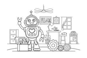 Draugiškas robotas mojuoja pasisveikindamas – judraus roboto spalvinimo paveiksliukas