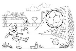 Kamuolys skrenda į viršutinį vartų kampą – energingo futbolininko spalvinimo paveiksliukas