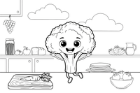 Mielas kawaii brokolis su linksmu veiduku – mielų maisto veidukų spalvinimo paveiksliukas