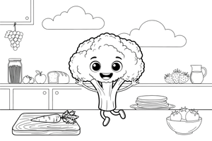 Mielas kawaii brokolis su linksmu veiduku – mielų maisto veidukų spalvinimo paveiksliukas