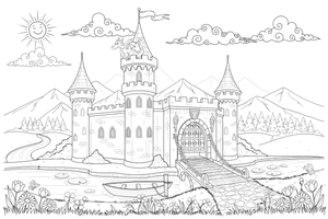 A castle with a drawbridge and gate – Castle coloring page