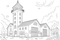 A fire station with a tall watchtower – Fire Station coloring page