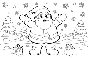 Linksmas Kalėdų Senelis sniege – Kalėdų žiemos skanėstų spalvinimo paveiksliukas