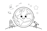 Viena didelė planeta Žemė su žemynais ir vandenynais, iš arti – Saulės sistemos planetų spalvinimo paveiksliukas