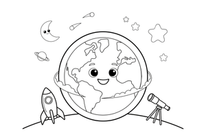 Viena didelė planeta Žemė su žemynais ir vandenynais, iš arti – Saulės sistemos planetų spalvinimo paveiksliukas