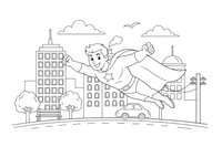 Superherojus skrenda virš miesto – superherojaus spalvinimo paveiksliukas