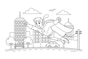 Superherojus skrenda virš miesto – superherojaus spalvinimo paveiksliukas