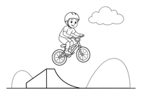 BMX dviratininkas atlieka šuolį nuo rampos – įvairaus sporto spalvinimo paveiksliukas