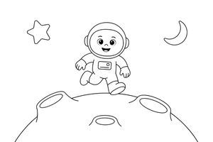Astronautas šokuoja Mėnulio paviršiumi, aplinkui krateriai – astronauto tyrinėtojo spalvinimo paveiksliukas