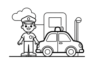 Policininkas šalia policijos automobilio – įvairių profesijų spalvinimo paveiksliukas