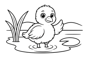 Pūkuotas flamingo jauniklis – flamingų tvenkinio spalvinimo paveiksliukas