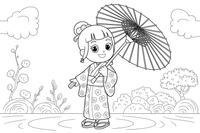 Mergaitė su japonišku kimono laiko popierinę vėduoklę – pasaulio kultūrų spalvinimo paveiksliukas
