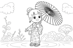 Mergaitė su japonišku kimono laiko popierinę vėduoklę – pasaulio kultūrų spalvinimo paveiksliukas