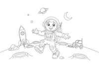 Astronautas šokuoja Mėnulio paviršiumi, aplinkui krateriai – astronauto tyrinėtojo spalvinimo paveiksliukas