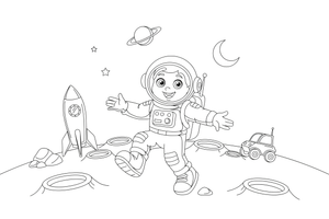 Astronautas šokuoja Mėnulio paviršiumi, aplinkui krateriai – astronauto tyrinėtojo spalvinimo paveiksliukas
