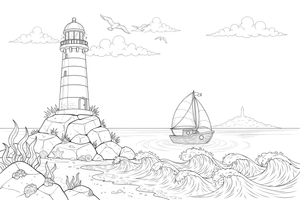 A lighthouse with a sailboat passing by – Lighthouse coloring page