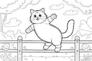 Ragdoll katė balansuoja ant tvoros – žaidžiančios Ragdoll katės spalvinimo paveiksliukas