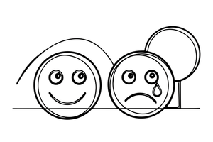 Vienas apvalus veidas su plačia šypsena šalia kito apvalaus veido, susiraukusio ir su ašara – priešingybių spalvinimo paveiksliukas