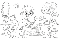 Žmogus pjauna grybą mažu peiliuku – miško grybų spalvinimo paveiksliukas