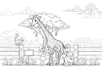 A giraffe reaching over a zoo fence – Zoo Day coloring page