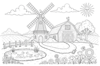 A windmill next to a barn – Windmill coloring page
