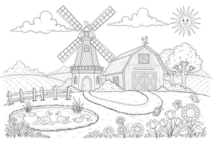 A windmill next to a barn – Windmill coloring page