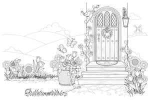 A cottage doorstep with a basket of flowers – Cottages coloring page