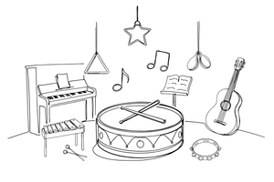 Būgnas su dviem lazdelėmis – muzikos instrumentų spalvinimo paveiksliukas
