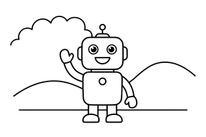 Draugiškas robotas mojuoja pasisveikindamas – judraus roboto spalvinimo paveiksliukas