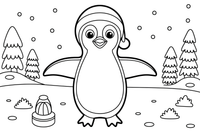 Pingvinas linksminasi sniege – snieguoto pingvino spalvinimo paveiksliukas
